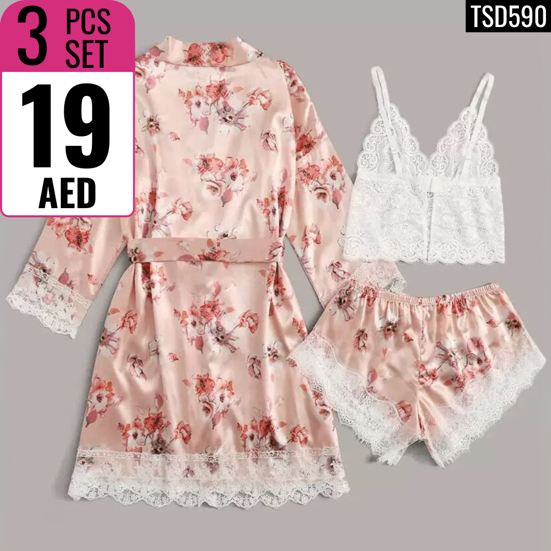 3-Piece Floral Satin & Lace Lingerie Set - TSD590