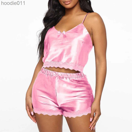 Satin Lace Trim Pajama Set - TSD613