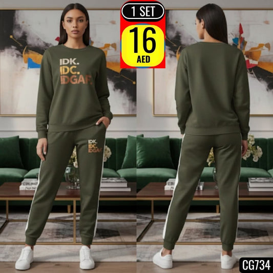 Olive Green Graphic Sweatshirt & Jogger Set - TSD734