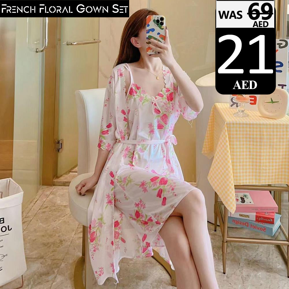 French Floral 2-Piece Gown and Robe Set