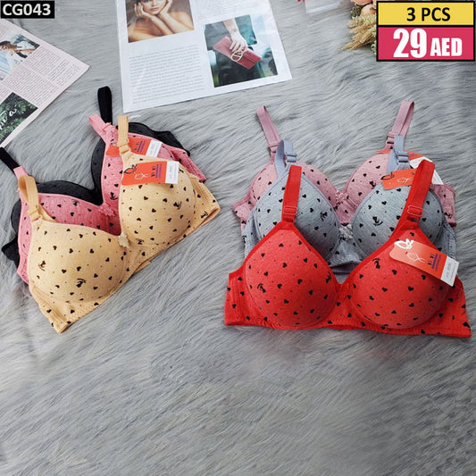3 Pcs Heart-Print Padded Bra Set - CC043