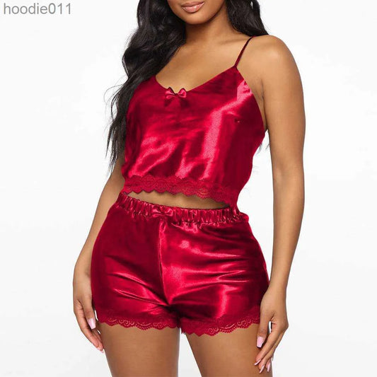 Satin Lace Trim Pajama Set - TSD613