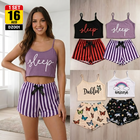 Women's Sleep Pajama Set | Crop Top & Shorts Loungewear | Soft Comfort Sleepwear - DZ001