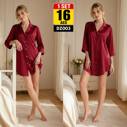 Women's Luxury Satin Sleep Shirt | Long Button-Down Nightdress Loungewear - DZ003
