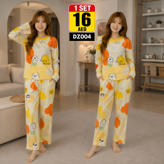Women's Cute Long Sleeve Pajama Set | Cartoon Print Soft Sleepwear | Cozy Full Length Loungewear - DZ004