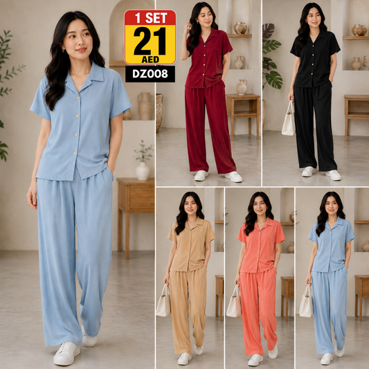 Women’s Button Down Lounge Set | Soft Short Sleeve Co-Ord Pajama Set for Women - DZ008