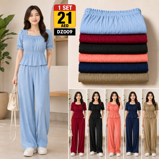 Women’s Smocked Peplum Co-Ord Set | Soft Ribbed Wide Leg Matching Outfit for Women - DZ009