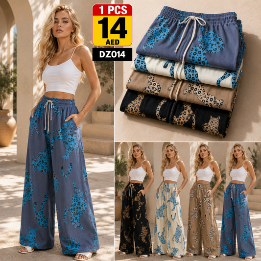 Women’s Leopard Print Wide Leg Palazzo Pants | Soft Drawstring Casual Trousers for Women - DZ014