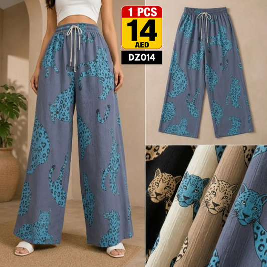 Women’s Leopard Print Wide Leg Palazzo Pants | Soft Drawstring Casual Trousers for Women - DZ014