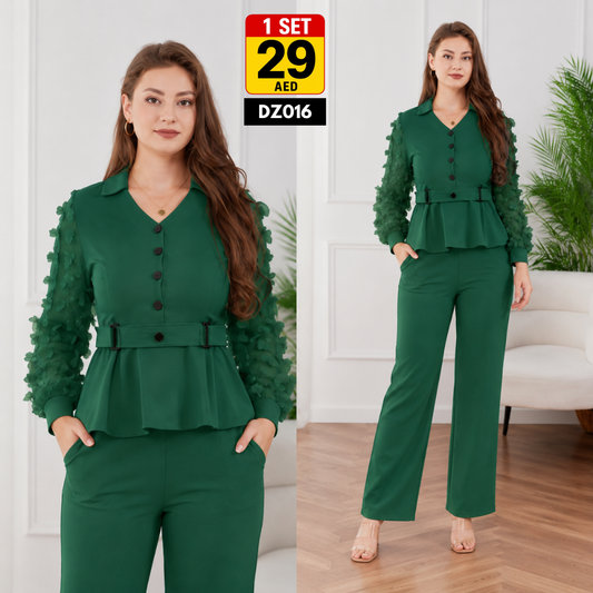 Women’s Peplum Co-Ord Set | Elegant Button Down Wide Leg Matching Outfit for Women - DZ016