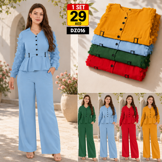 Women’s Peplum Co-Ord Set | Elegant Button Down Wide Leg Matching Outfit for Women - DZ016