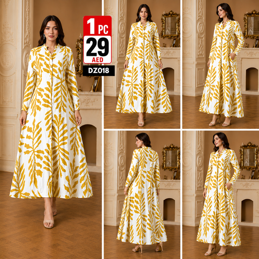Women’s Printed Maxi Dress | Elegant Long Sleeve Button Down Dress for Women - DZ018