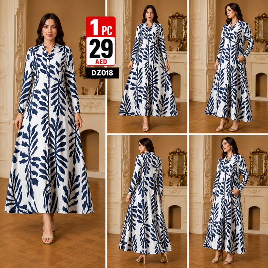 Women’s Printed Maxi Dress | Elegant Long Sleeve Button Down Dress for Women - DZ018