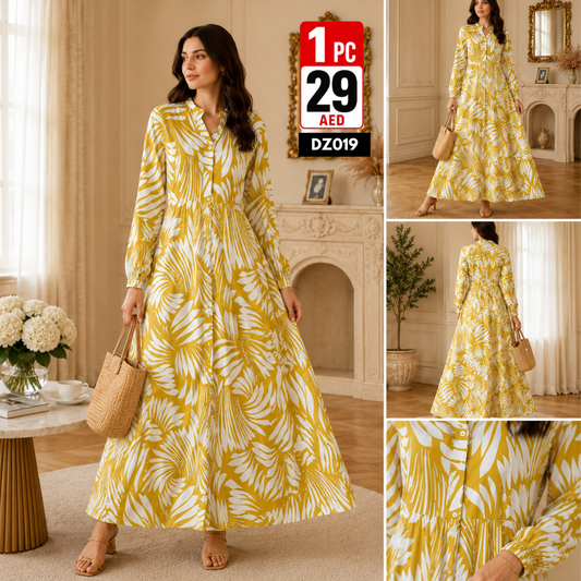 Women’s Printed Maxi Dress | Elegant Long Sleeve Flowy Dress for Women - DZ019