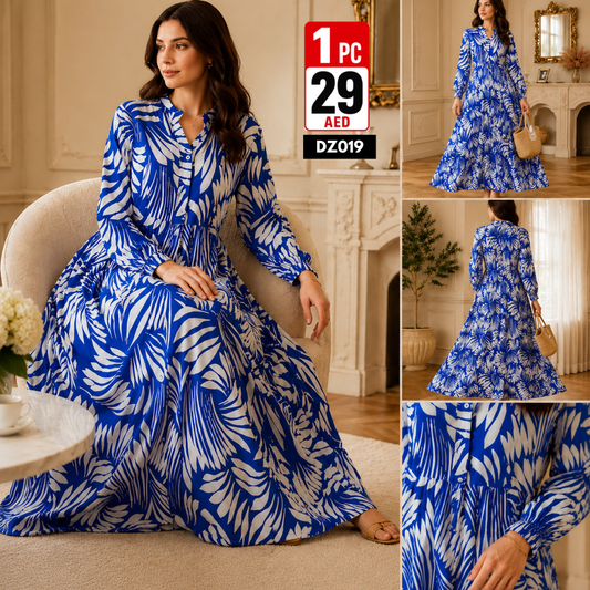 Women’s Printed Maxi Dress | Elegant Long Sleeve Flowy Dress for Women - DZ019