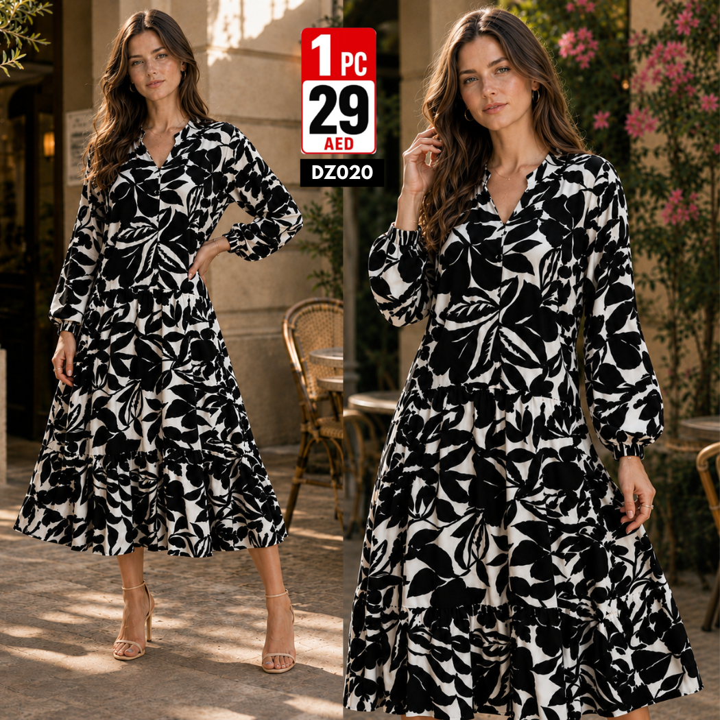 Women’s Printed Midi Dress | Elegant Long Sleeve Flowy Dress for Women - DZ020
