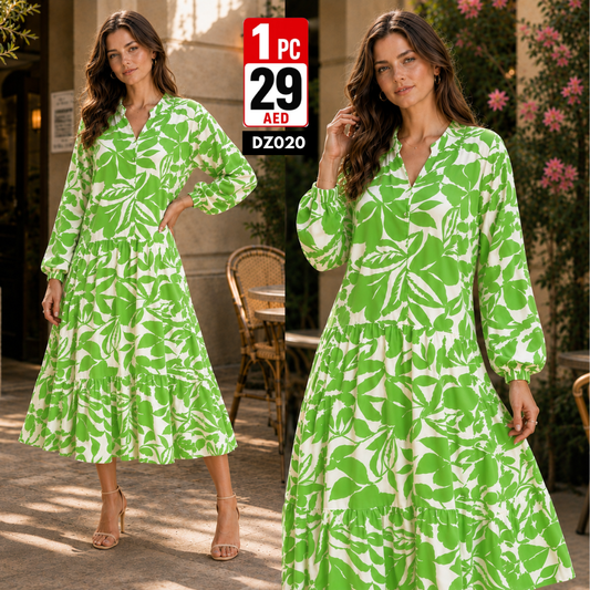 Women’s Printed Midi Dress | Elegant Long Sleeve Flowy Dress for Women - DZ020