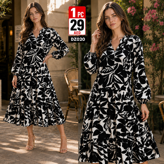 Women’s Printed Midi Dress | Elegant Long Sleeve Flowy Dress for Women - DZ020