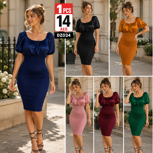 Women’s Satin Bodycon Midi Dress | Elegant Puff Sleeve Party Dress for Women - DZ024