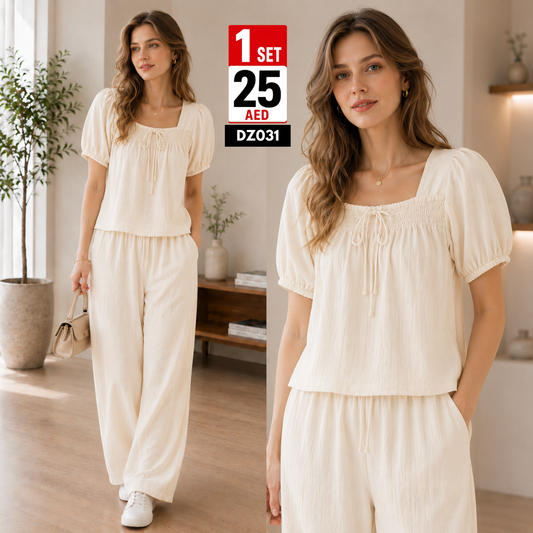 Women’s Casual Co-Ord Set | Puff Sleeve Top & Wide Leg Pants Set for Women - DZ031