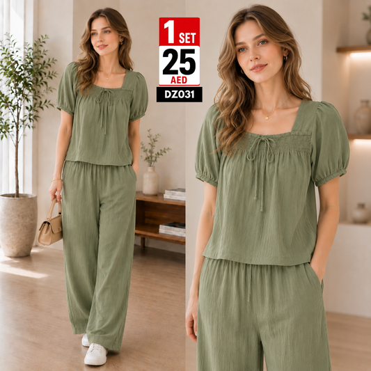 Women’s Casual Co-Ord Set | Puff Sleeve Top & Wide Leg Pants Set for Women - DZ031