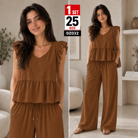 Women’s Ruffle Sleeve Co-Ord Set | Elegant Wide Leg Matching Outfit for Women - DZ032