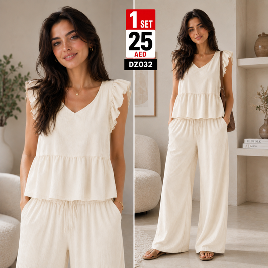 Women’s Ruffle Sleeve Co-Ord Set | Elegant Wide Leg Matching Outfit for Women - DZ032