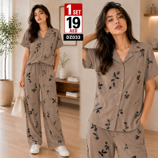 Women’s Floral Co-Ord Set | Button Down Wide Leg Matching Outfit for Women - DZ033