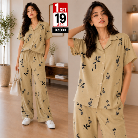 Women’s Floral Co-Ord Set | Button Down Wide Leg Matching Outfit for Women - DZ033