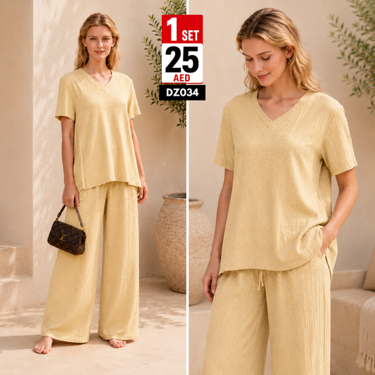Women’s Textured Co-Ord Set | Casual V-Neck Wide Leg Matching Outfit for Women - DZ034