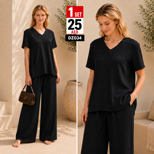 Women’s Textured Co-Ord Set | Casual V-Neck Wide Leg Matching Outfit for Women - DZ034