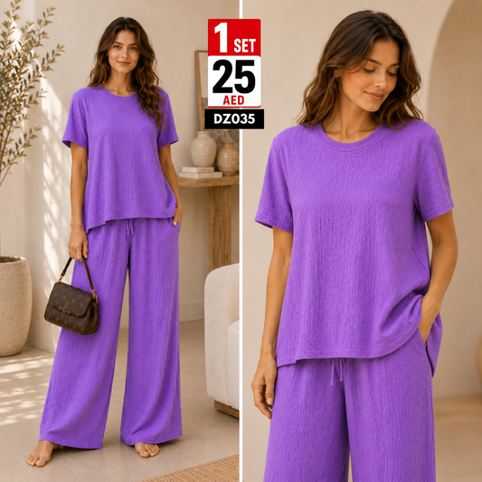 Women’s Textured Wide Leg Lounge Co-Ord Set | Soft Relaxed Two Piece Casual Outfit for Women - DZ035