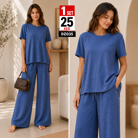 Women’s Textured Wide Leg Lounge Co-Ord Set | Soft Relaxed Two Piece Casual Outfit for Women - DZ035