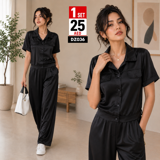 Women’s Satin Button Front Lounge Set | Soft Relaxed Two Piece Co-Ord Set for Women - DZ036