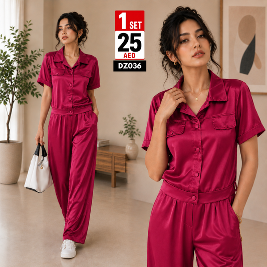 Women’s Satin Button Front Lounge Set | Soft Relaxed Two Piece Co-Ord Set for Women - DZ036