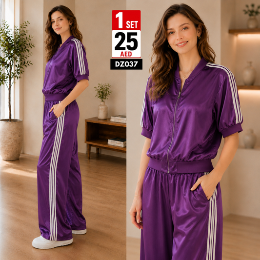 Women’s Satin Stripe Co-Ord Set | Premium Zip-Up Casual Lounge Wear 2PC Set for Women - DZ037