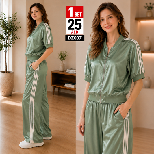 Women’s Satin Stripe Co-Ord Set | Premium Zip-Up Casual Lounge Wear 2PC Set for Women - DZ037