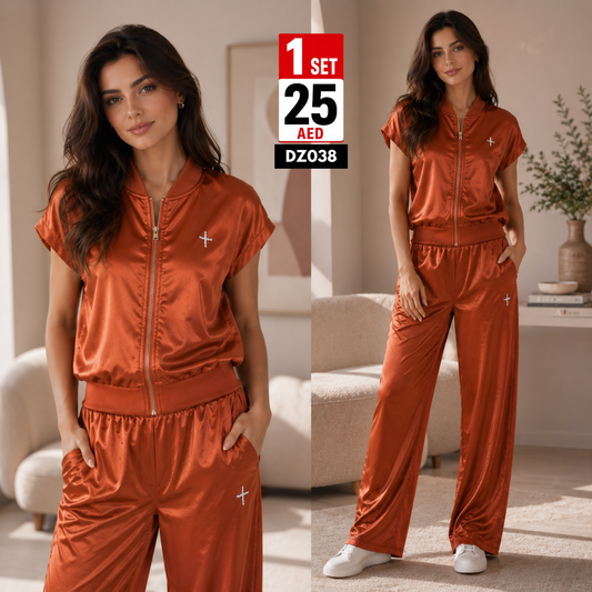 Women’s Luxury Satin Zip-Up Co-Ord Set | Premium Casual Lounge Wear 2PC Set for Women - DZ038