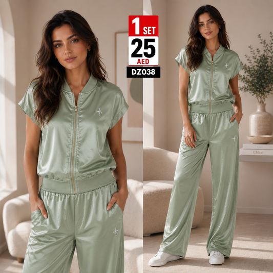Women’s Luxury Satin Zip-Up Co-Ord Set | Premium Casual Lounge Wear 2PC Set for Women - DZ038