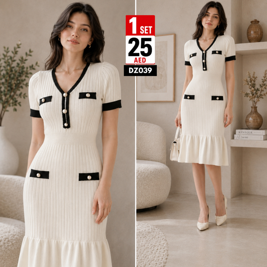 Women’s Elegant Ribbed Knit Midi Dress | Premium Pearl Button Bodycon Casual Chic Dress for Women - DZ039