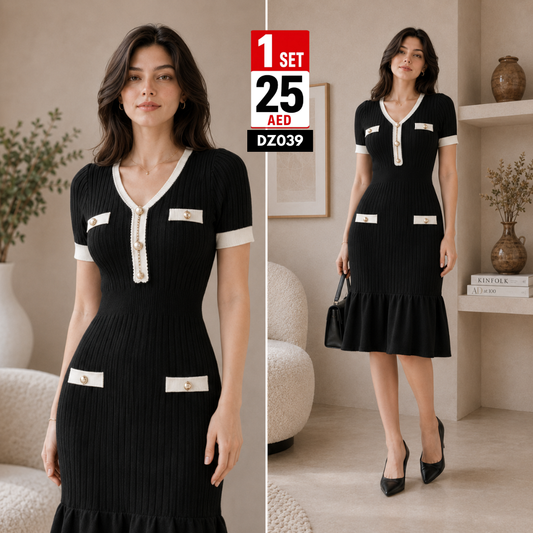 Women’s Elegant Ribbed Knit Midi Dress | Premium Pearl Button Bodycon Casual Chic Dress for Women - DZ039