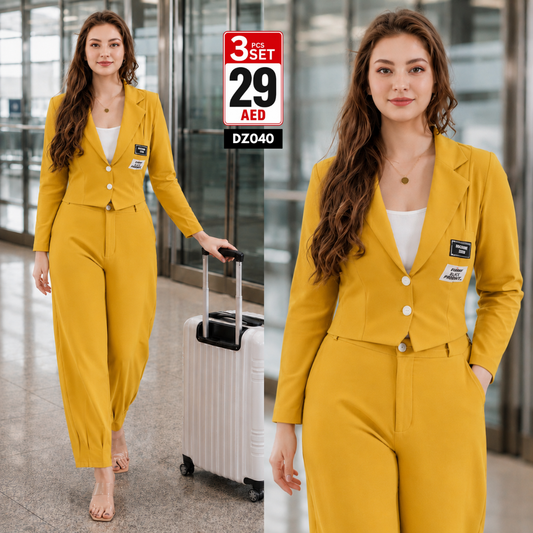 Women’s Elegant Blazer Style 3PCS Co-Ord Set | Premium Casual Office & Travel Wear Set for Women - DZ040