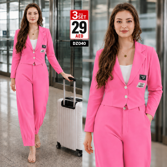 Women’s Elegant Blazer Style 3PCS Co-Ord Set | Premium Casual Office & Travel Wear Set for Women - DZ040