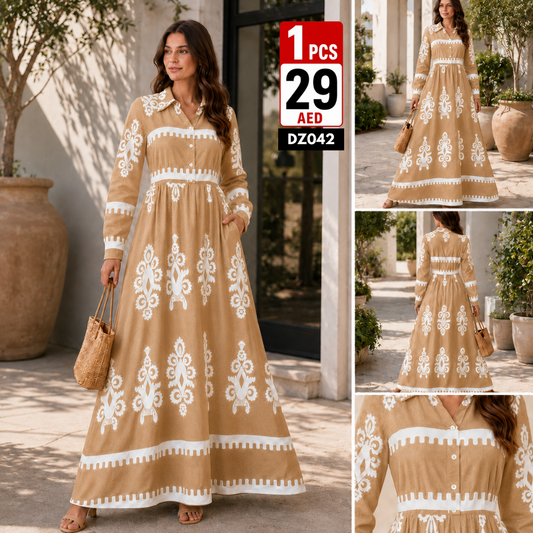 Women’s Elegant Printed Maxi Dress | Premium Long Sleeve Flowy Casual Party Wear Dress for Women - DZ042