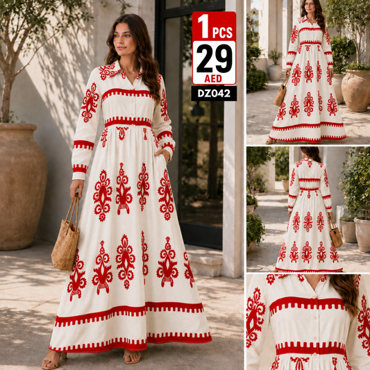 Women’s Elegant Printed Maxi Dress | Premium Long Sleeve Flowy Casual Party Wear Dress for Women - DZ042