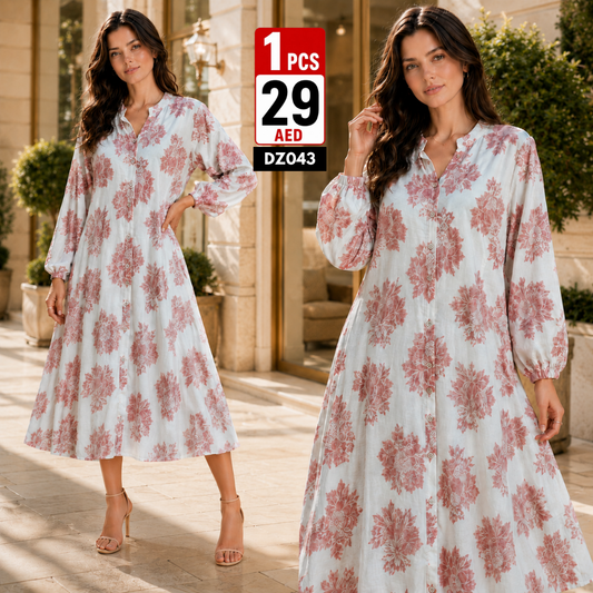 Women’s Floral Printed Button Front Midi Dress | Elegant Casual Long Sleeve Flowy Dress for Women - DZ043