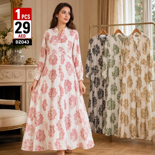 Women’s Floral Printed Button Front Midi Dress | Elegant Casual Long Sleeve Flowy Dress for Women - DZ043