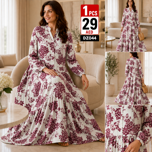 Women’s Floral Printed Tiered Maxi Dress | Elegant Long Sleeve Casual Party Dress for Women - DZ044