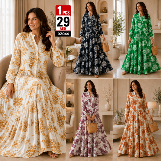 Women’s Floral Printed Tiered Maxi Dress | Elegant Long Sleeve Casual Party Dress for Women - DZ044