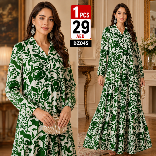 Women’s Floral Printed Maxi Dress | Elegant Button-Front Long Sleeve Casual Abaya Style Dress for Women - DZ045